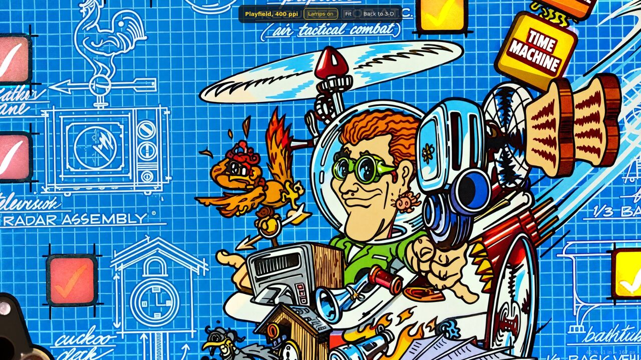 Deep zoom into the playfield art: the inventor in his bubble helmet on the blueprint panel, with the radar assembly drawings, the cuckoo clock and the Time Machine insert, crisp at 400 pixels per inch.