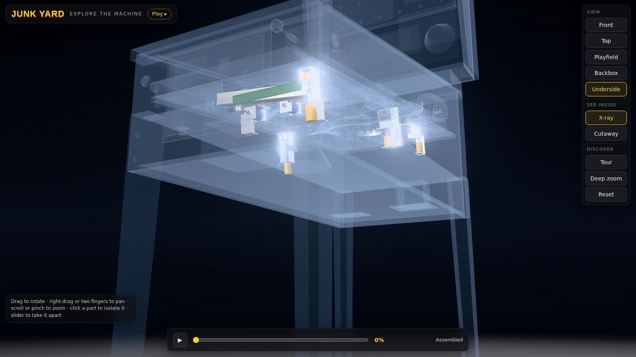 The explorer's underside view with x-ray on: the cabinet and playfield are transparent, and the coils, popper and brackets under the playfield stand out.