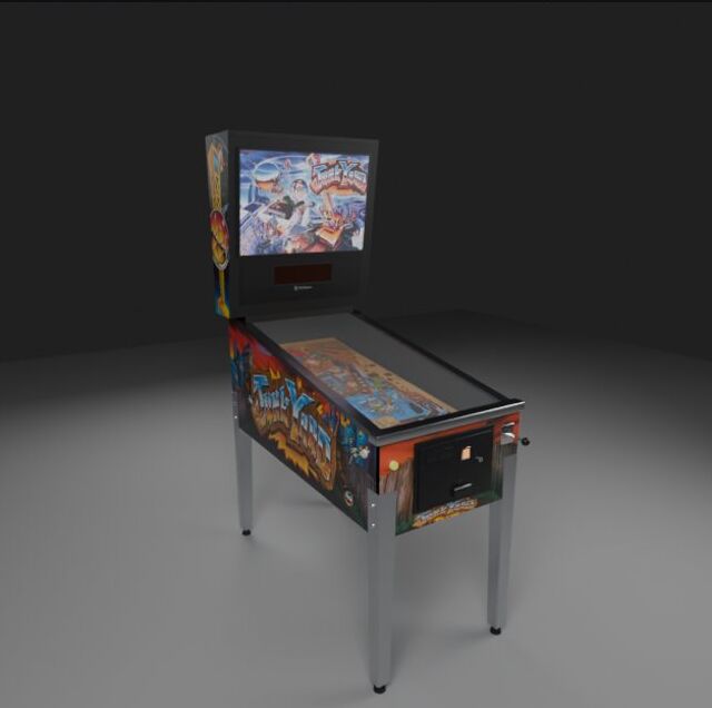 Our 3-D model of the complete Junk Yard machine: cabinet with the graffiti side art, legs, backbox and backglass.