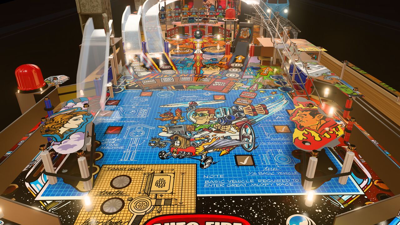 The lower playfield of our game: the blueprint panel, the angel and devil slings, the flippers.