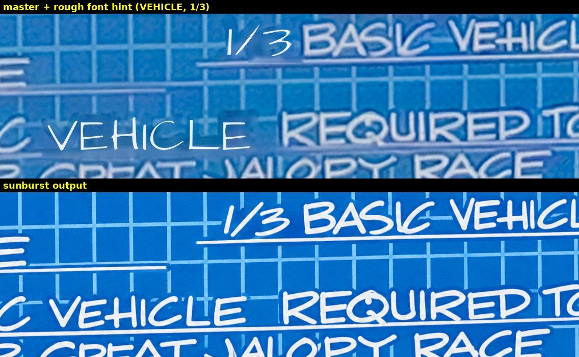 Test sheet: the blueprint notes 'basic vehicle required to enter Great Jalopy Race' first re-lettered, then redrawn in the hand-lettered style.